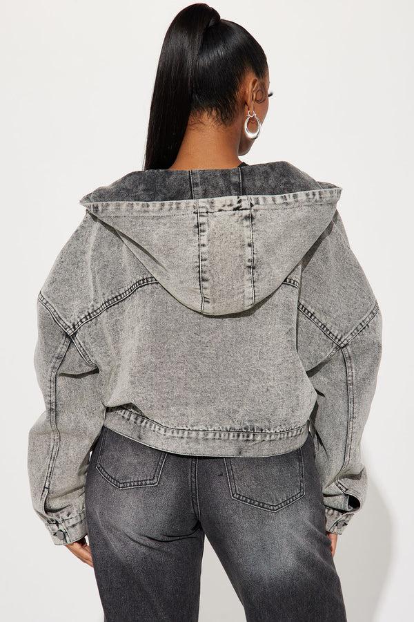 Fashion Nova No Explanation Hooded Denim Jacket - Acid Wash Grey