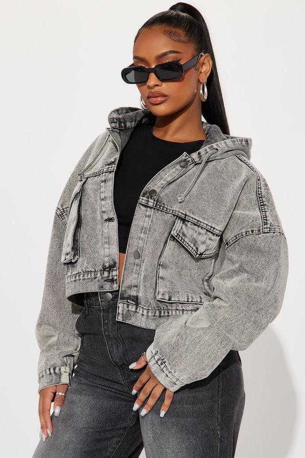 Fashion Nova No Explanation Hooded Denim Jacket - Acid Wash Grey