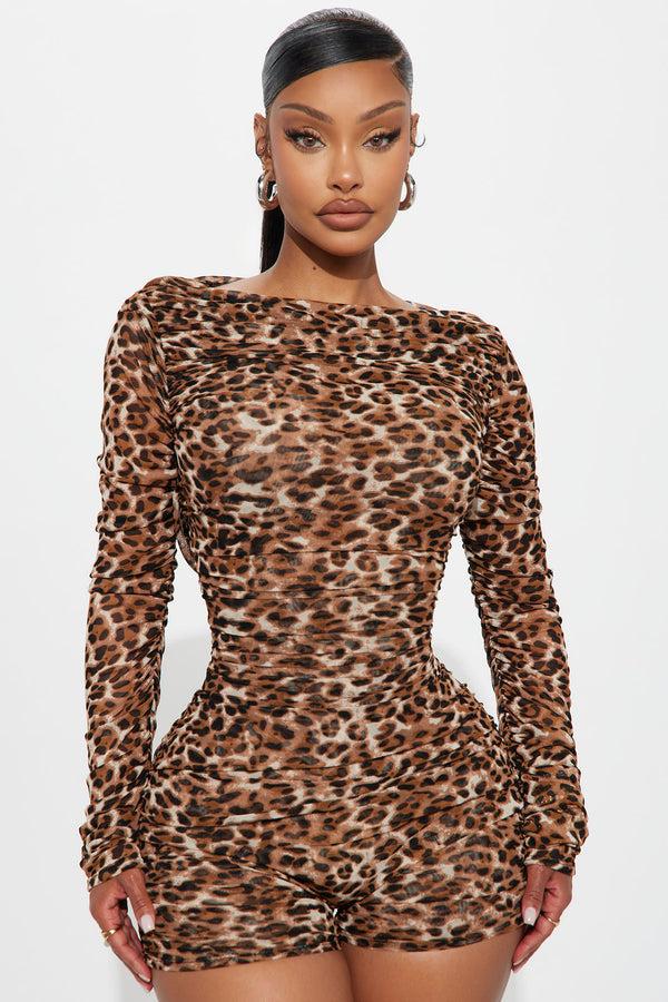 Fashion Nova Nyra Leopard Mesh Long Sleeve Romper - Brown Combo