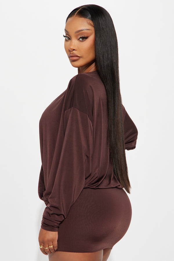 Fashion Nova Odette Long Sleeve Mini Dress - Chocolate