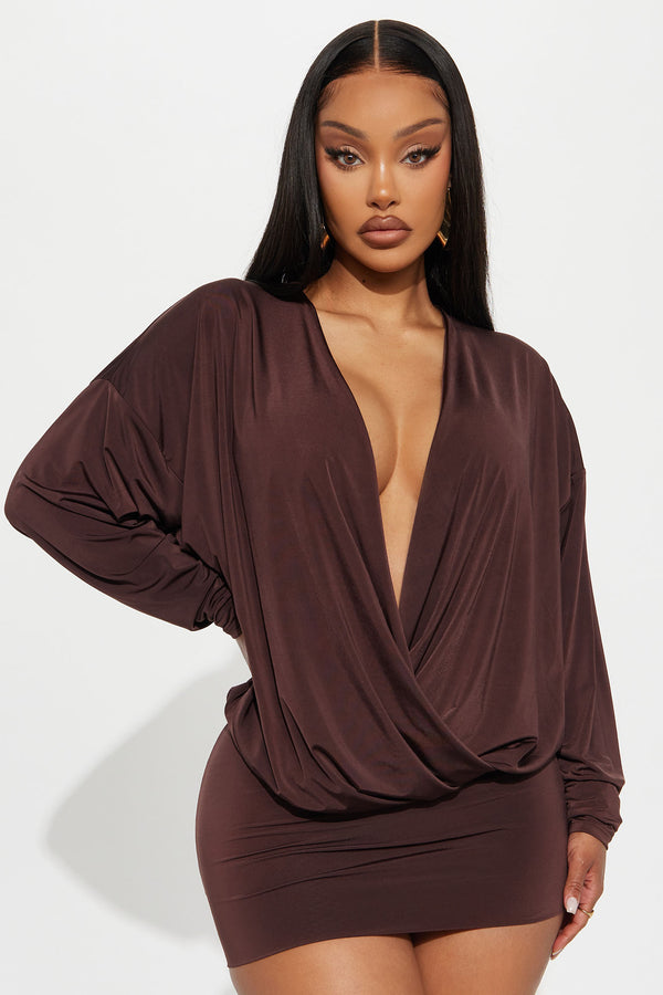 Fashion Nova Odette Long Sleeve Mini Dress - Chocolate