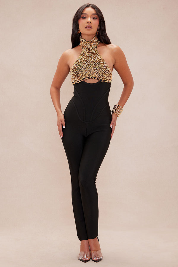 Fashion Nova Patricia Embellished Bandage Jumpsuit - Black