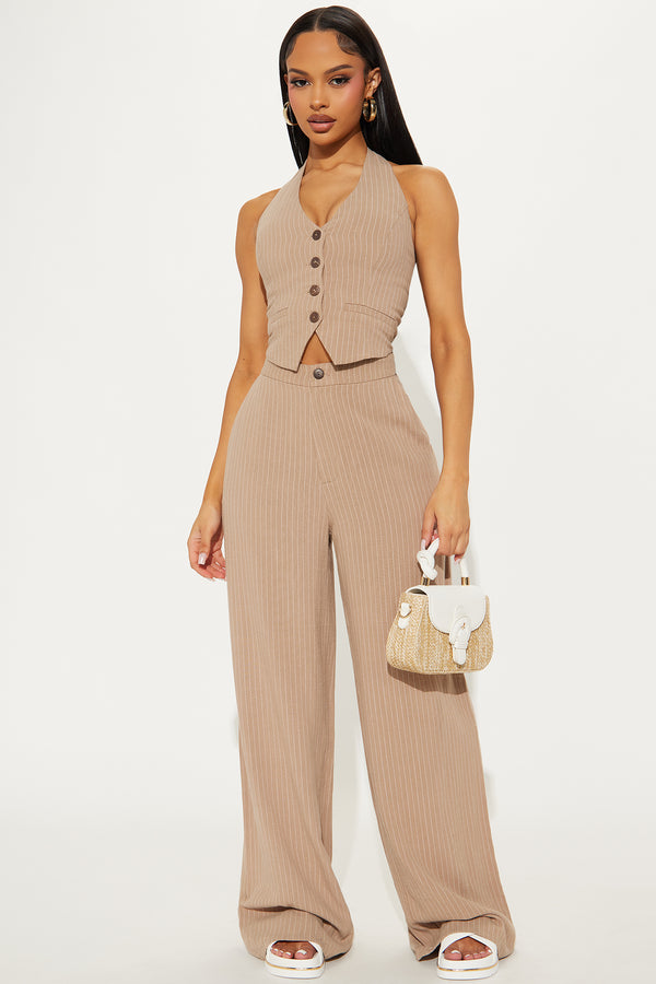 Fashion Nova Penelope Pinstripe Linen Jumpsuit - Taupe