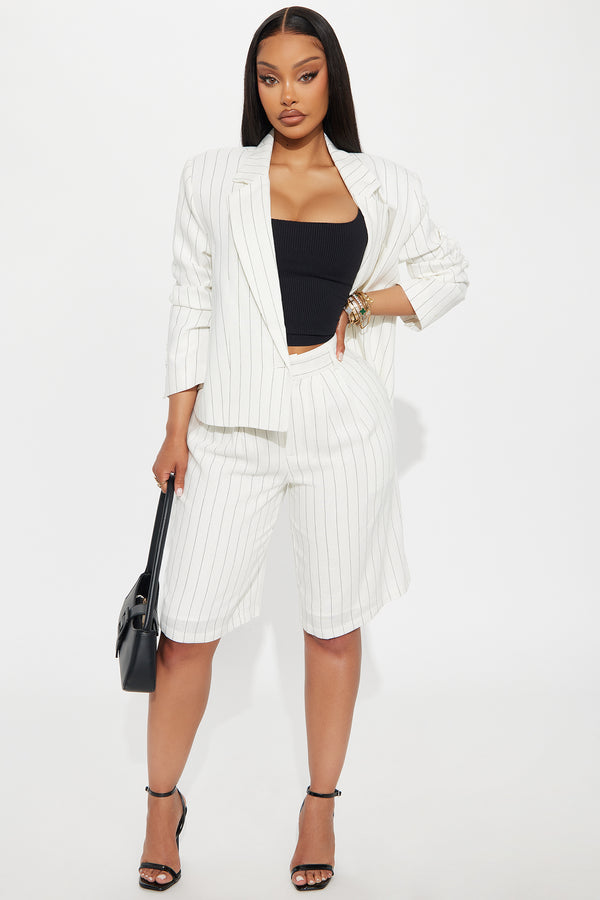 Fashion Nova Penelope Pinstripe Linen Trouser Short - White