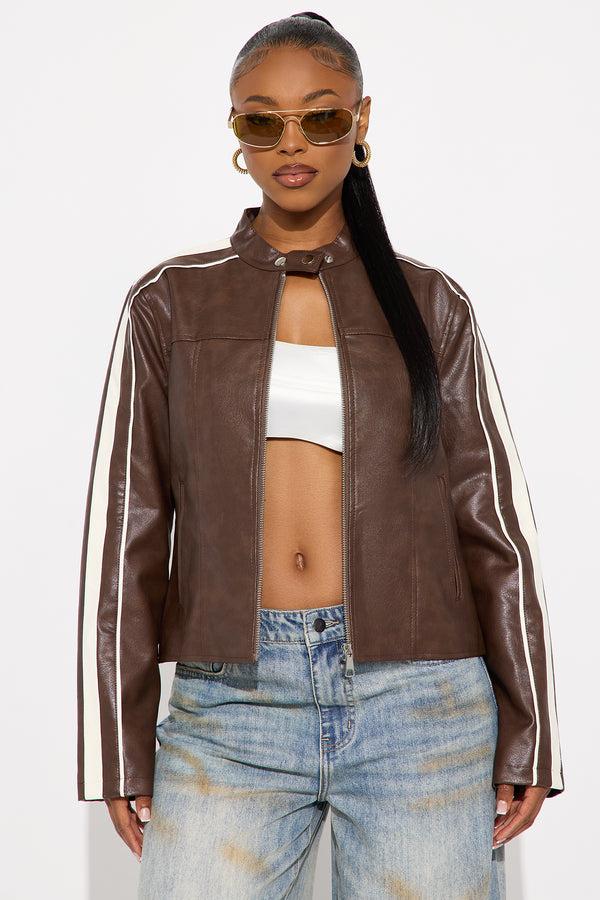 Fashion Nova Play It Cool Faux Leather Moto Jacket - Brown/combo