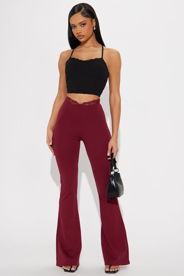 Fashion Nova Playing Fair V Waist Flare Pant - Burgundy