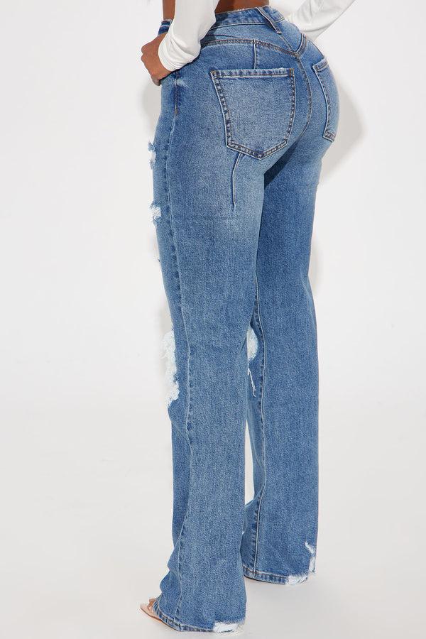 Fashion Nova Posted Stretch Ripped Straight Leg Jeans - Medium Wash