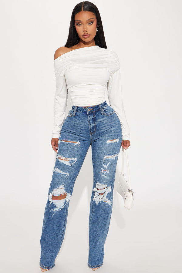 Fashion Nova Posted Stretch Ripped Straight Leg Jeans - Medium Wash