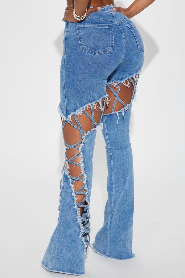 Fashion Nova Problem Solved Stretch Lace Up Bootcut Jeans - Medium Wash