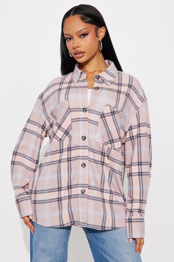 Fashion Nova Reagan Long Sleeve Button Up Fleece Shirt - Blush