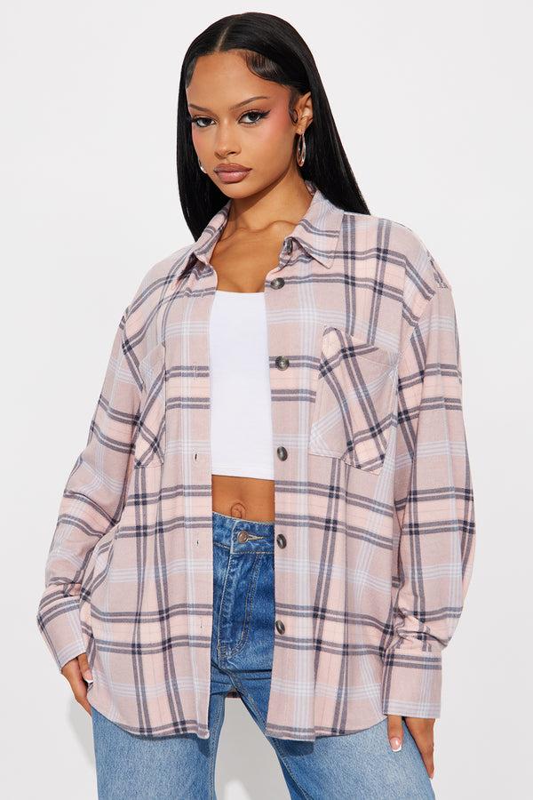 Fashion Nova Reagan Long Sleeve Button Up Fleece Shirt - Blush