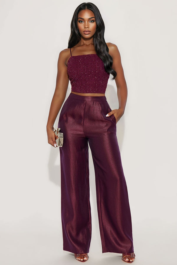 Fashion Nova Reflected In Your Eyes Embellished Pant Set - Burgundy