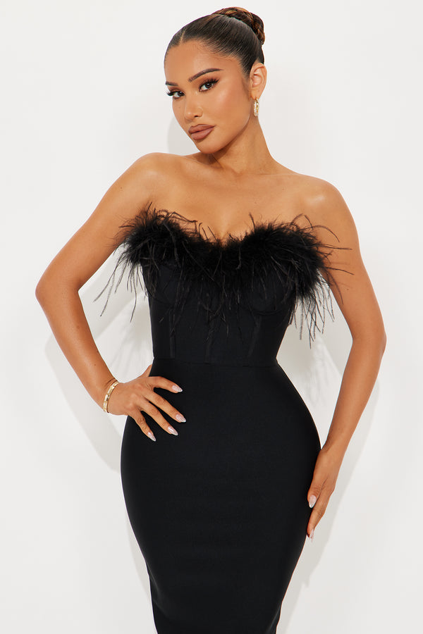 Fashion Nova Reina Feather Corset Bandage Midi Dress - Black