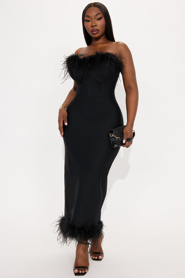Fashion Nova Reina Feather Corset Bandage Midi Dress - Black