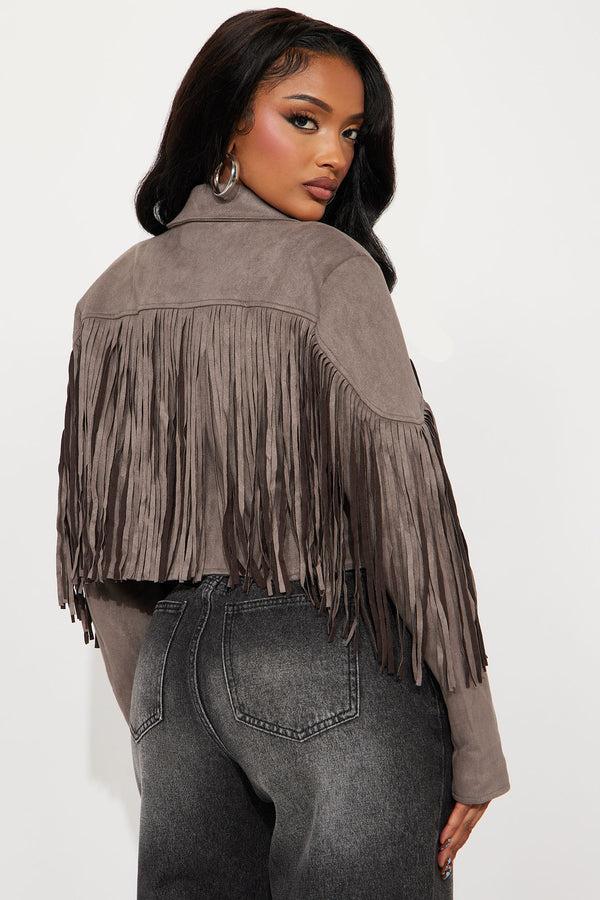 Fashion Nova Rodeo Ready Fringe Faux Suede Jacket - Charcoal