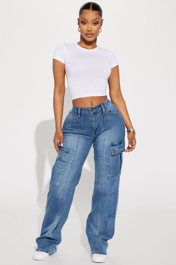 Fashion Nova Say It Now Stretch Straight Leg Cargo Jeans - Dark Wash