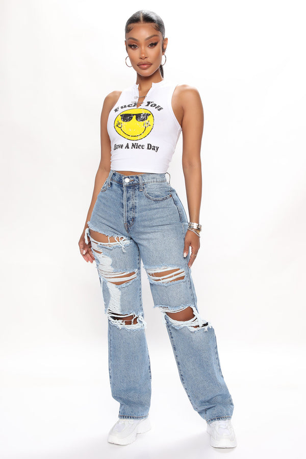 Fashion Nova Seeking Thrills Shredded Straight Leg Jeans - Medium Wash