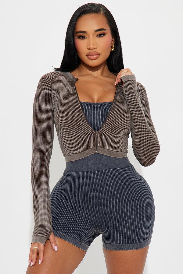 Fashion Nova Serenity Stretch Washed Waffle Active Jacket - Chocolate