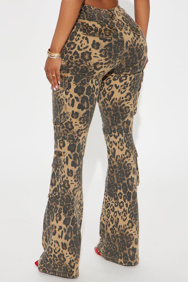 Fashion Nova She's A Wild One Cargo Animal Print Flare Jeans - Brown Combo