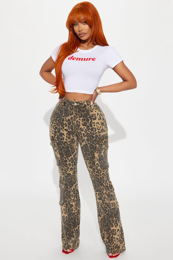 Fashion Nova She's A Wild One Cargo Animal Print Flare Jeans - Brown Combo