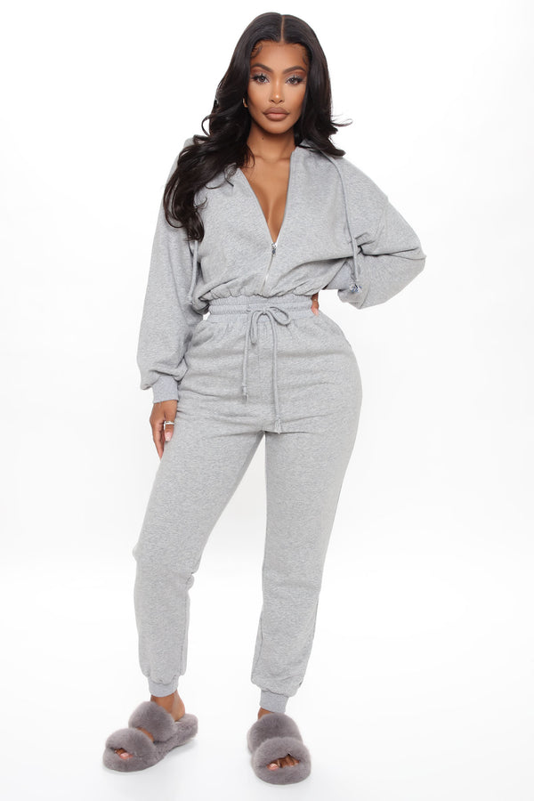Fashion Nova Stella Cinched Waist Sweat Jumpsuit - Heather Grey