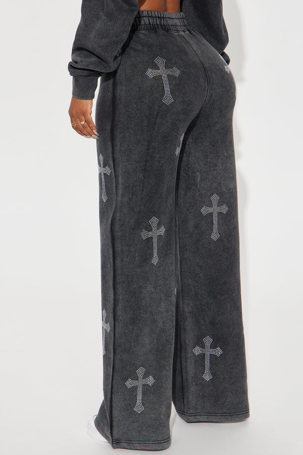 Fashion Nova Sunday Rhinestone Washed Wide Leg Pant - Black Wash