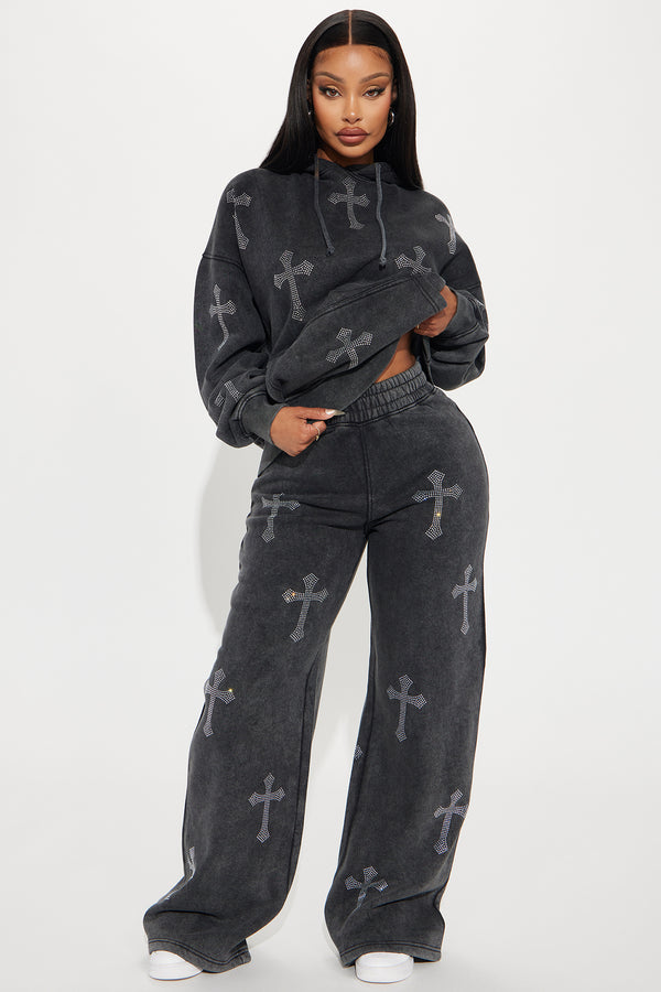 Fashion Nova Sunday Rhinestone Washed Wide Leg Pant - Black Wash