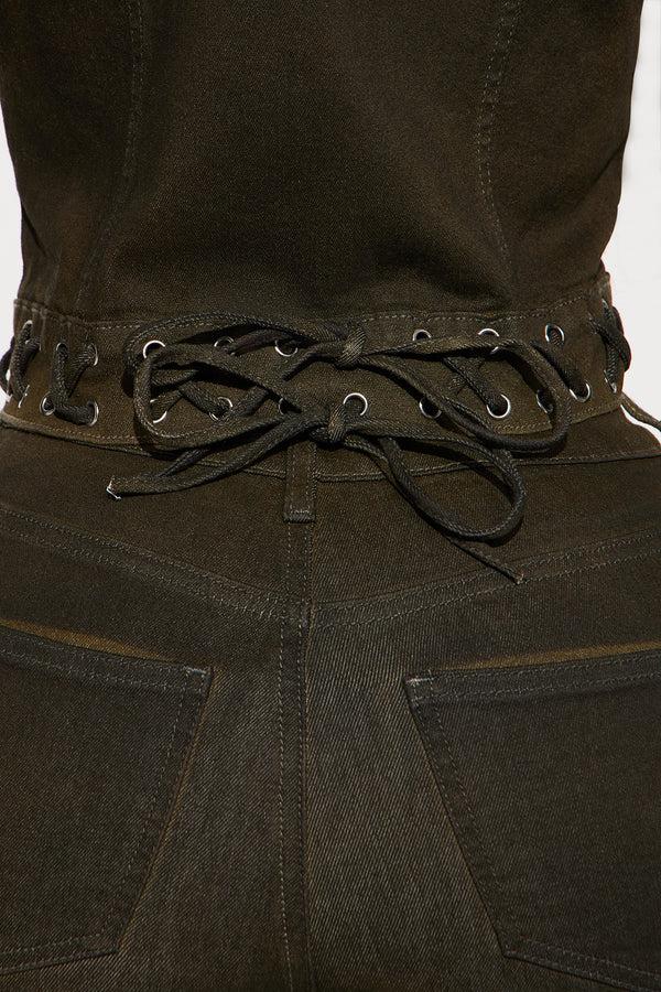 Fashion Nova Take Notes Lace Up Stretch Denim Jacket - Olive