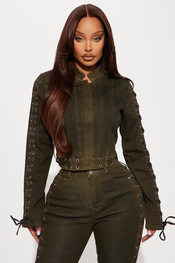 Fashion Nova Take Notes Lace Up Stretch Denim Jacket - Olive