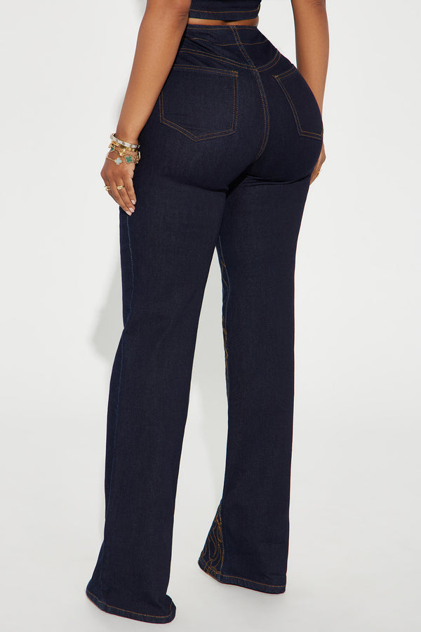 Fashion Nova Take The Reigns Embroidered Stretch Wide Leg Jeans - Dark Wash