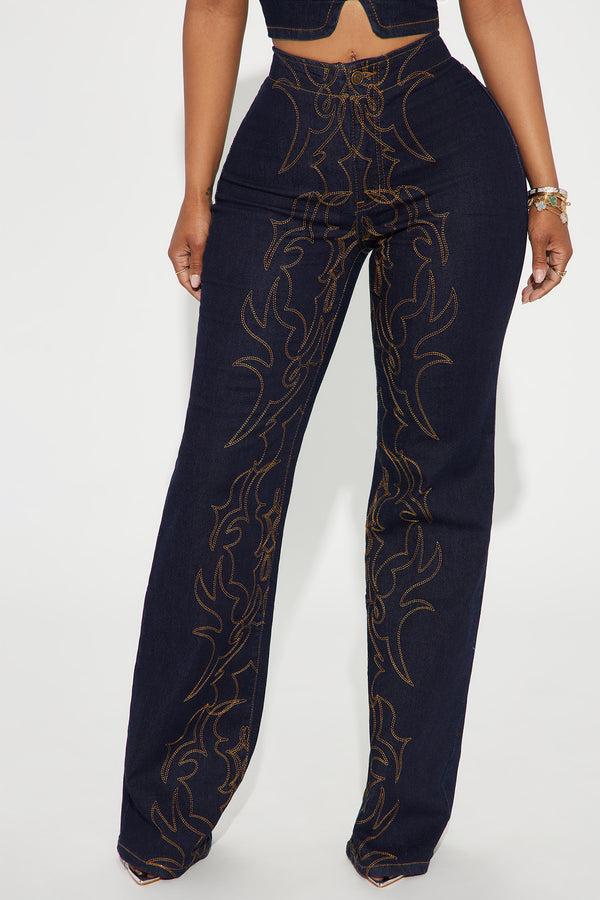 Fashion Nova Take The Reigns Embroidered Stretch Wide Leg Jeans - Dark Wash
