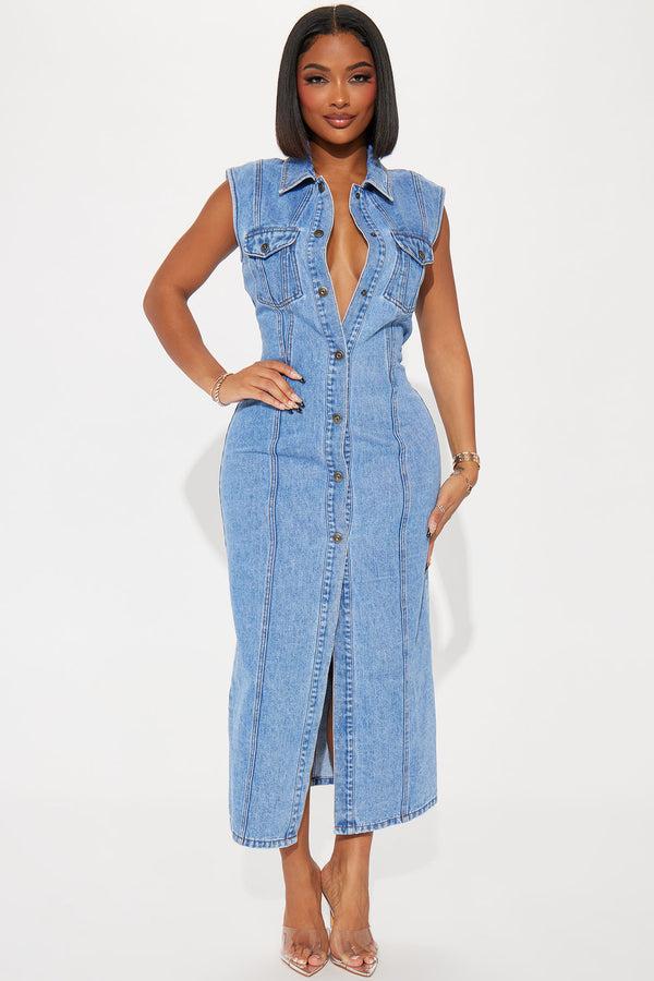 Fashion Nova Tallahassee Denim Maxi Dress - Medium Wash