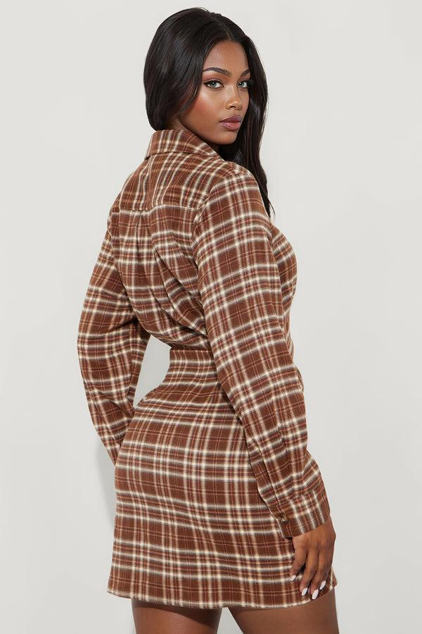 Fashion Nova Tamara Tie Front Flannel Mini Dress - Brown Combo