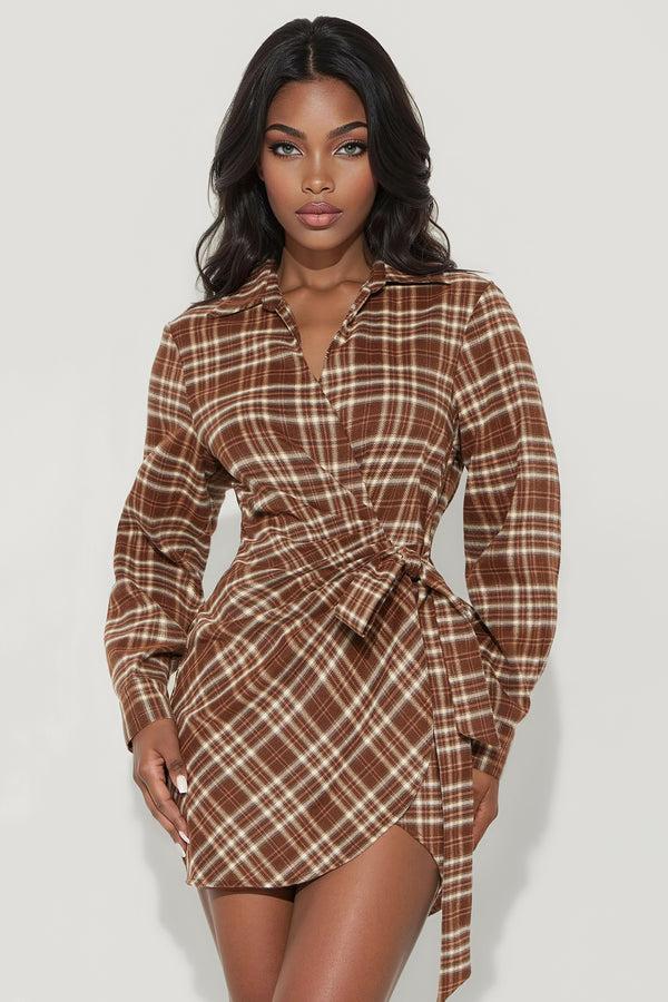 Fashion Nova Tamara Tie Front Flannel Mini Dress - Brown Combo