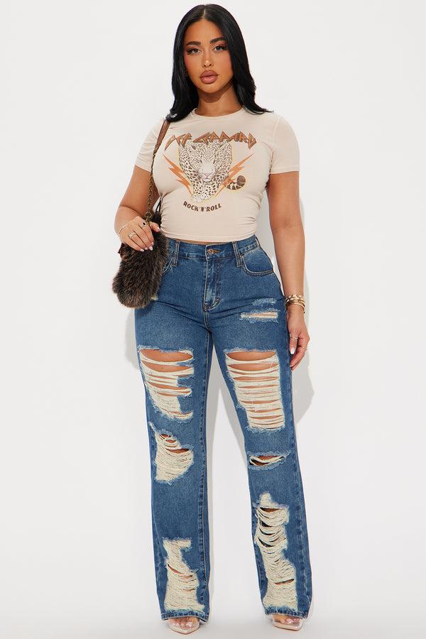 Fashion Nova Tapped In Non Stretch Distressed Straight Leg Jeans - Dark Wash