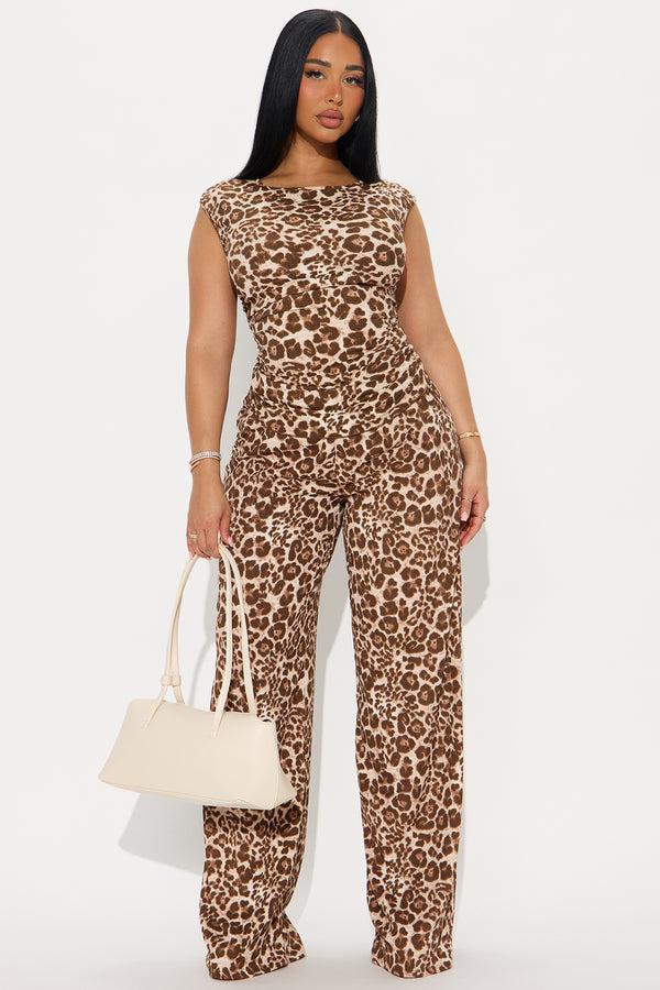 Fashion Nova Tia Leopard Textured Pant Set - Brown Combo