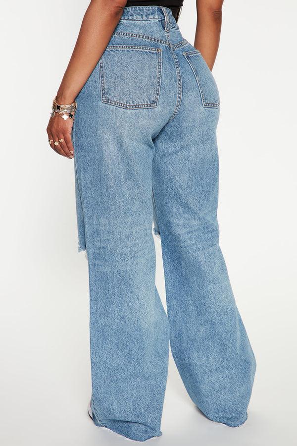 Fashion Nova Tough Love Baggy Ripped Straight Leg Jean - Medium Wash