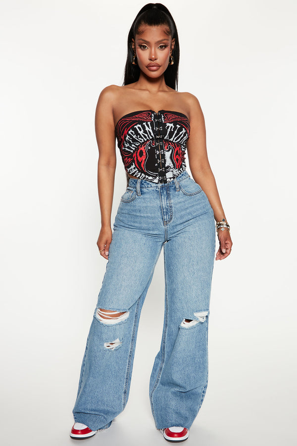 Fashion Nova Tough Love Baggy Ripped Straight Leg Jean - Medium Wash