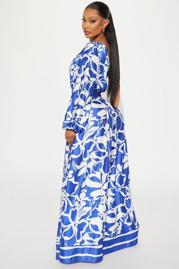 Fashion Nova Vacation Destination Satin Maxi Dress - Blue/combo