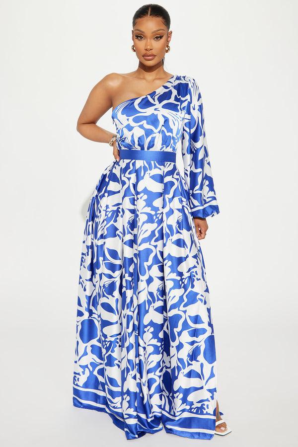 Fashion Nova Vacation Destination Satin Maxi Dress - Blue/combo