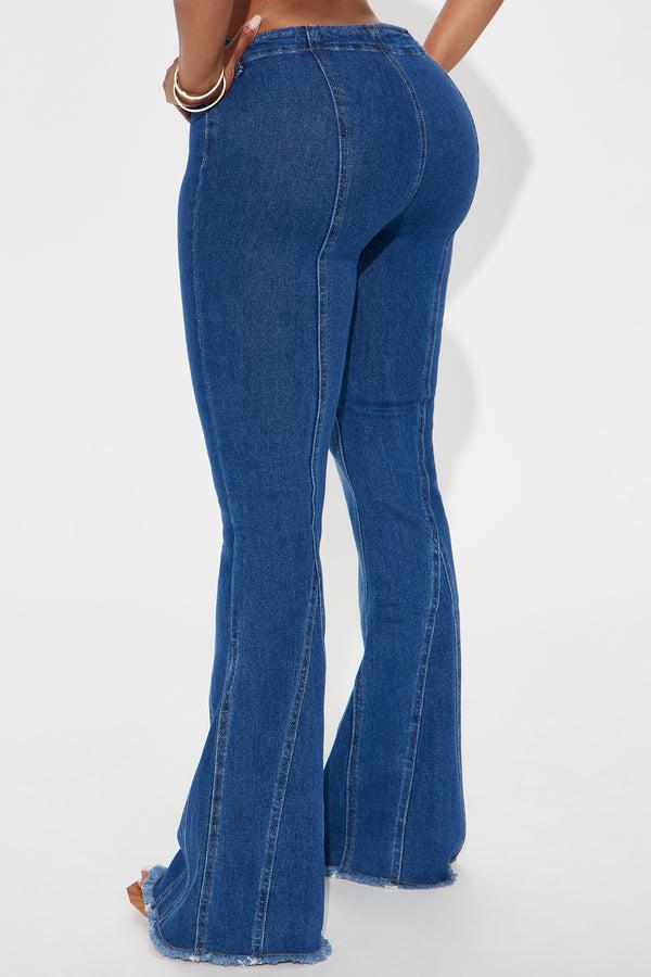 Fashion Nova Valley Girl Mid Rise Fray Hem Flare Jeans - Dark Wash