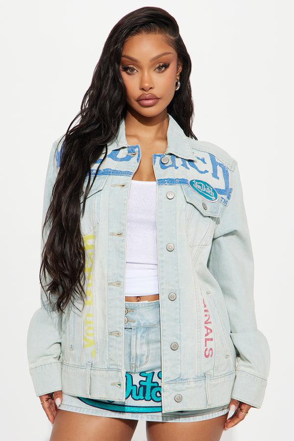 Fashion Nova Von Dutch Patchwork Oversized Denim Jacket - Light Wash