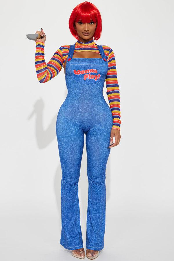 Fashion Nova Wanna Play Evil Doll Jumpsuit 4 Piece Costume Set - Multi Color