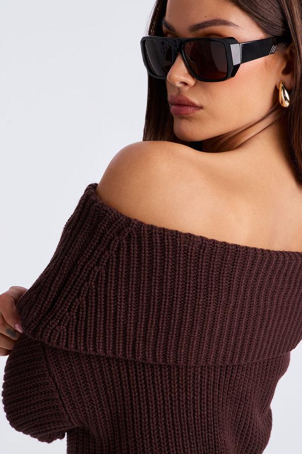 Fashion Nova You Wish One Shoulder Sweater - Chocolate