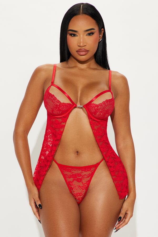 Fashion Nova Your Chance Lace Babydoll And Thong 2 Piece Set - Red