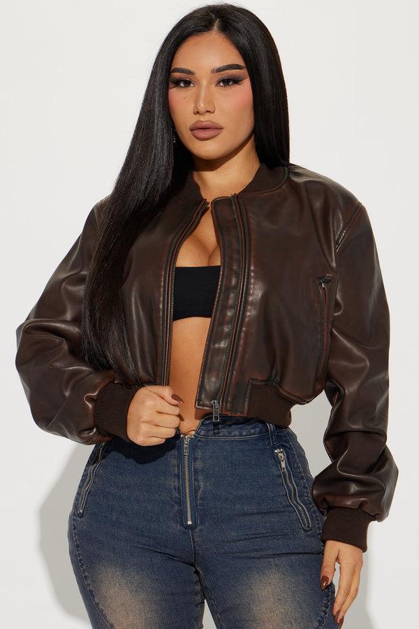 Fashion Nova Zoe Washed Faux Leather Bomber Jacket - Brown