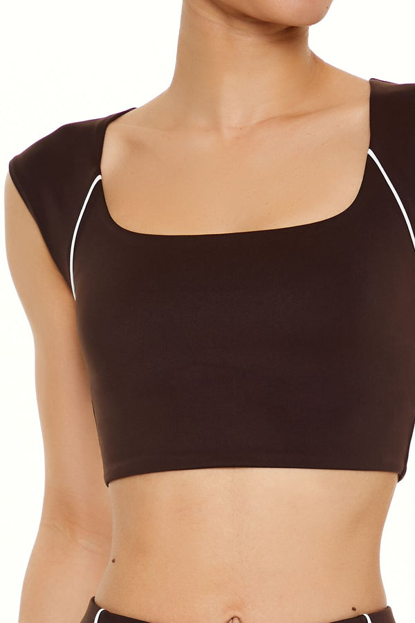Forever21 Active Piped-Trim Crop Top TURKISH COFFEE/WHITE