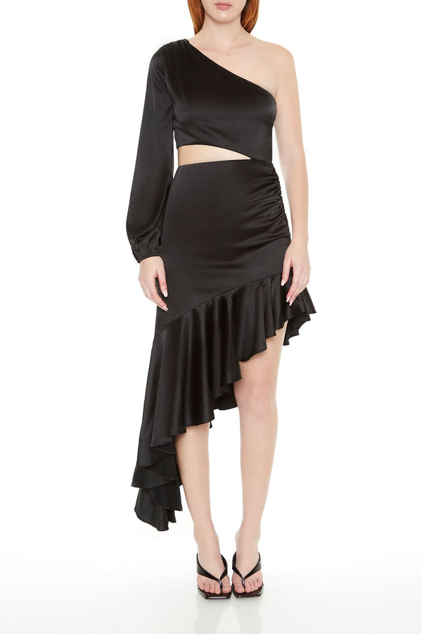 Forever21 Asymmetrical One-Shoulder Midi Dress BLACK