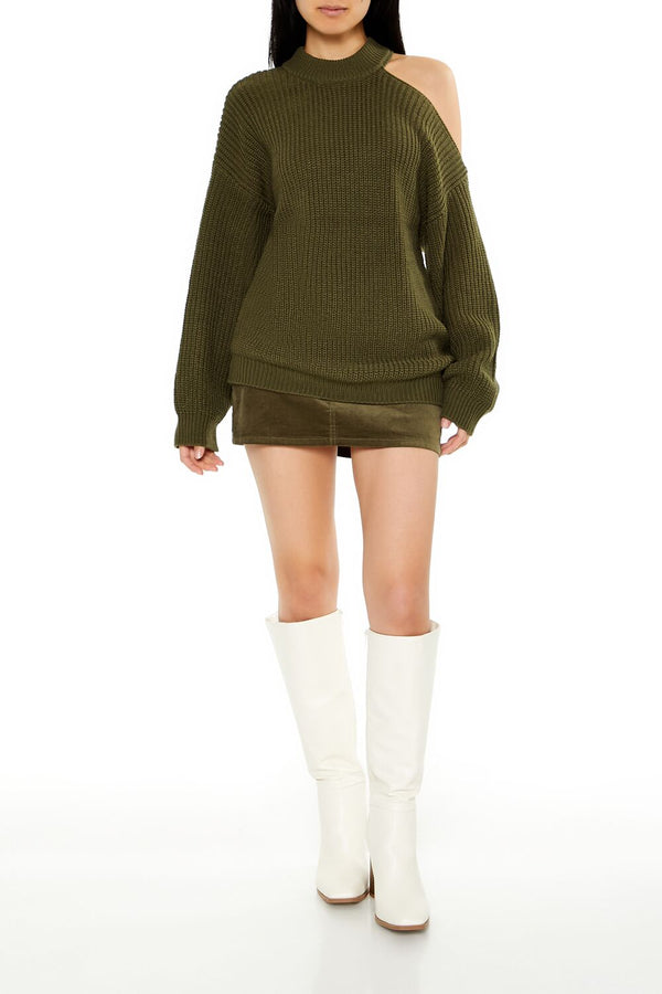 Forever21 Asymmetrical Open-Shoulder Sweater OLIVINE