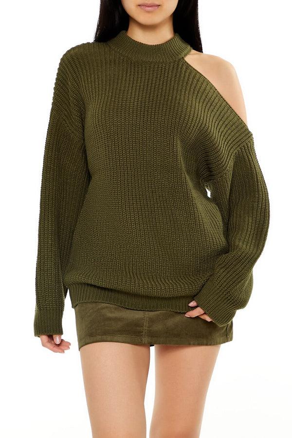 Forever21 Asymmetrical Open-Shoulder Sweater OLIVINE